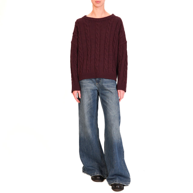 Haveone-Maglia treccia girocollo misto alpaca - Bordeaux