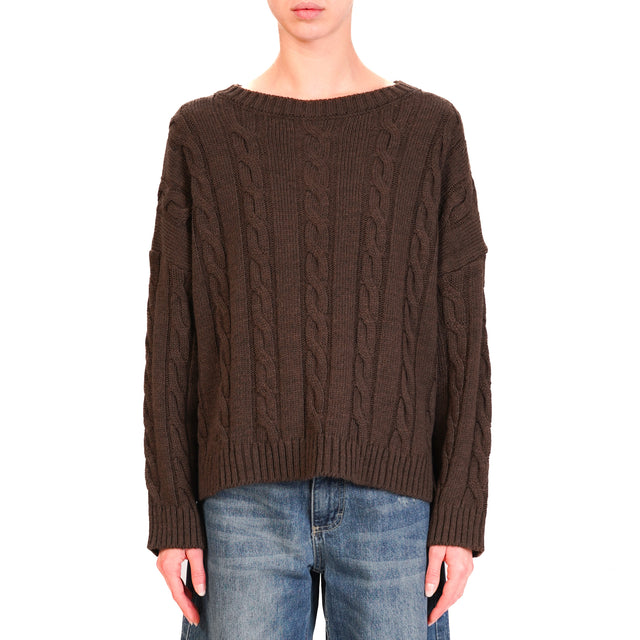 Haveone-Maglia treccia girocollo misto alpaca - moro