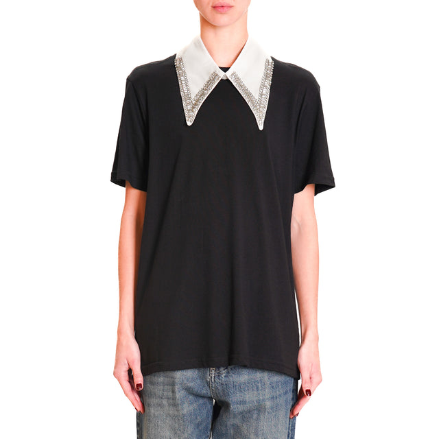 Haveone-T-shirt with jewel detail collar - black