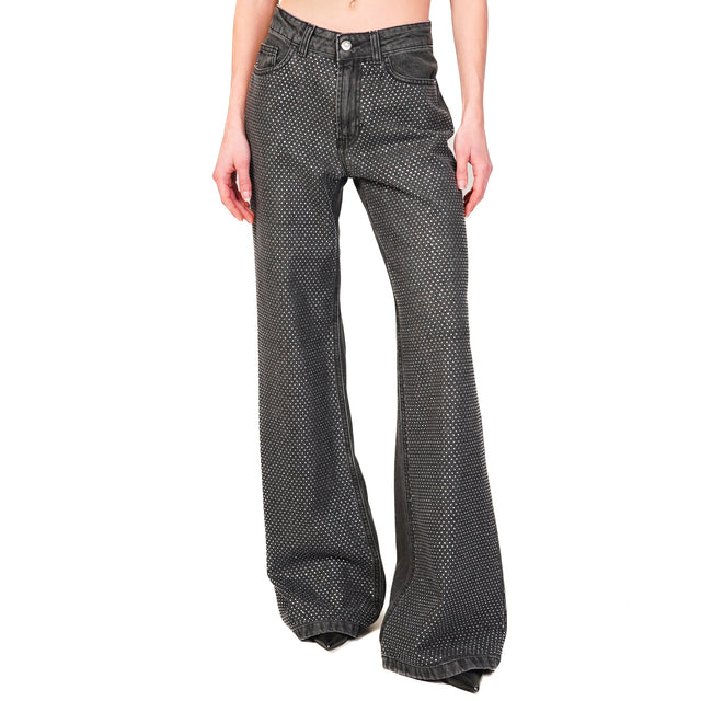 Haveone-Jeans wide leg con dettaglio strass - denim nero