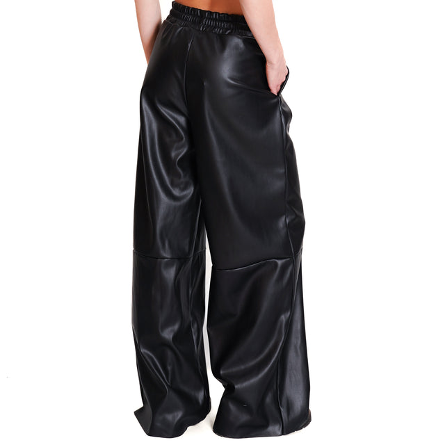 Haveone-Faux Leather Drawstring Pants - Black