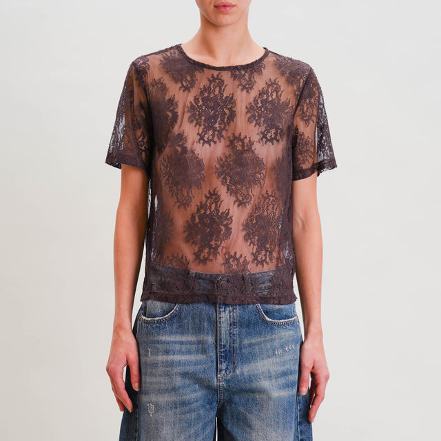 Haveone-Blusa mezza manica in pizzo - cioccolato