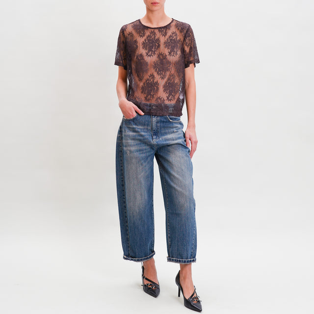 Haveone-Blusa mezza manica in pizzo - cioccolato