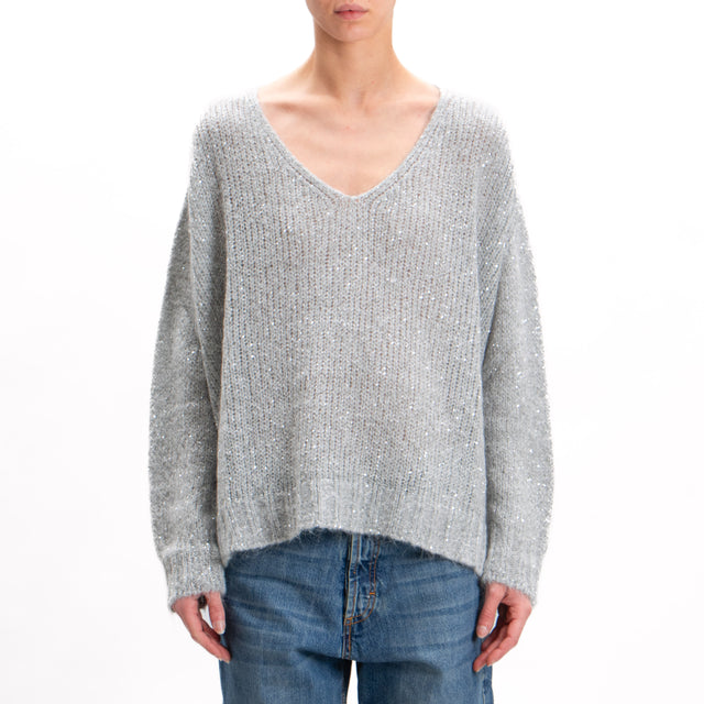 Kontatto-V-Neck Mohair Sweater with Sequins - Light Grey