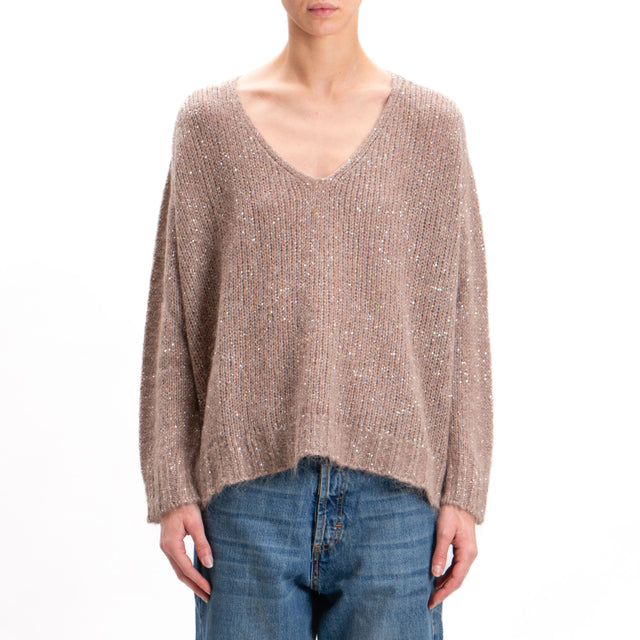 Kontatto-Maglia mohair scollo v con paillettes - tortora