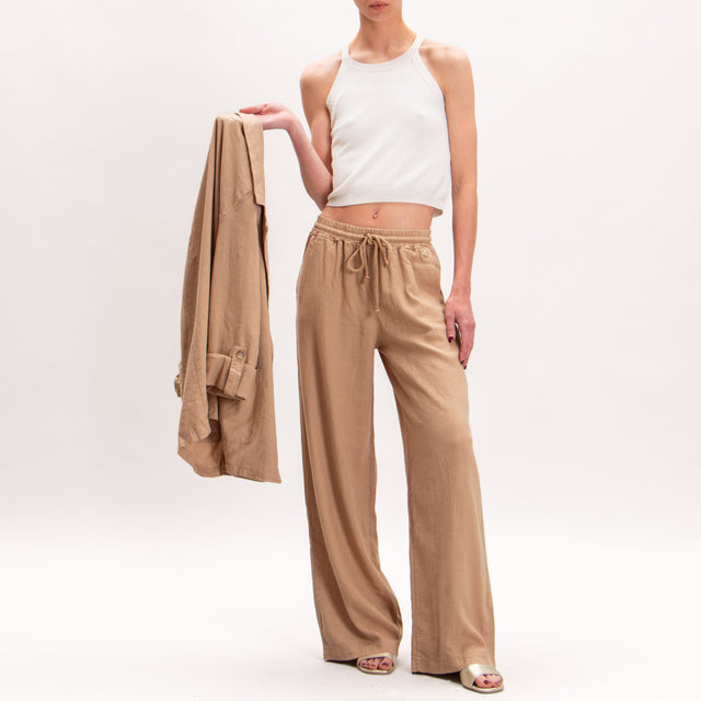 Souvenir-Pantalone misto lino elastico in vita - biscotto