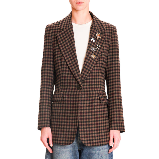 Motel-Checked Jacket with Pins - Dark Brown/Black/Mauve