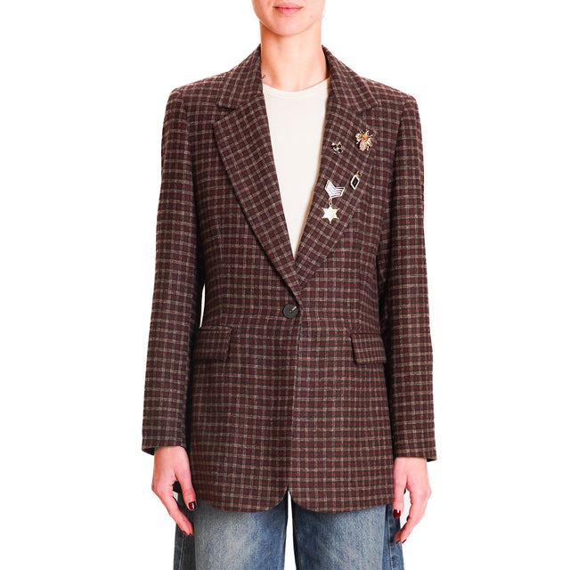 Motel-Blend Wool Checked Jacket with Pins - Wine/Beige