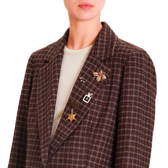 Motel-Blend Wool Checked Jacket with Pins - Wine/Beige