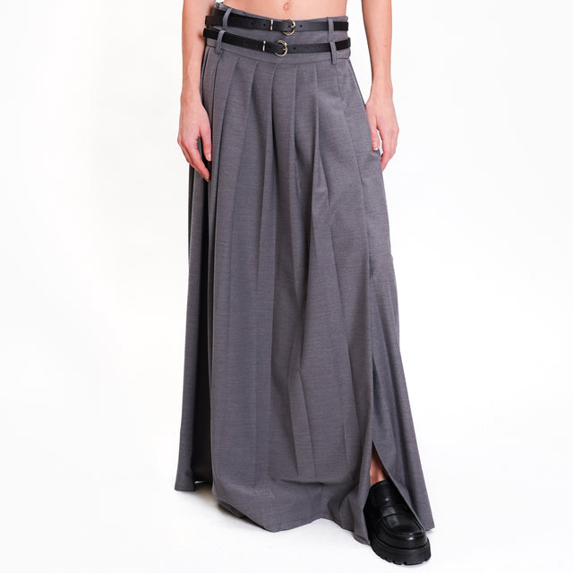 Motel-Double Belt Pleated Skirt - Grey