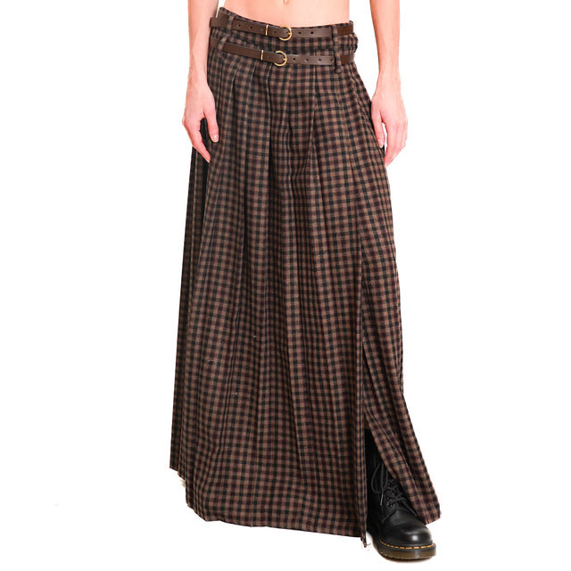 Motel-Pleated Checked Skirt with Side Slit - Dark Brown/Black/Mauve