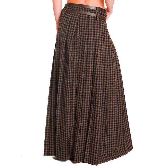 Motel-Pleated Checked Skirt with Side Slit - Dark Brown/Black/Mauve