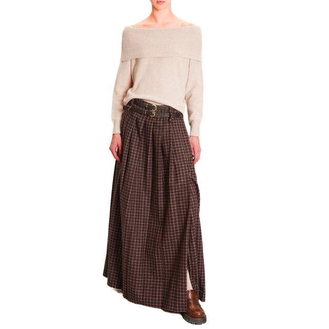 Motel-Pleated Checked Wool Blend Skirt - Wine/Beige