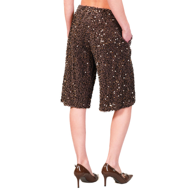 Motel-Bermuda with sequins elastic waist - dark brown