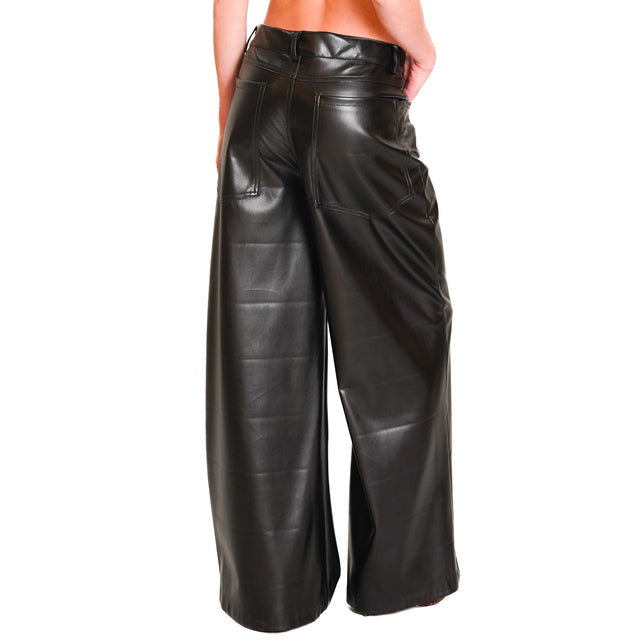 Motel-Wide Leg Faux Leather Pants - Black