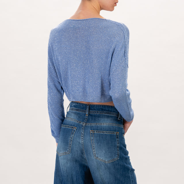 Zeroassoluto-Maglia crop scollo v in lurex - azzurro