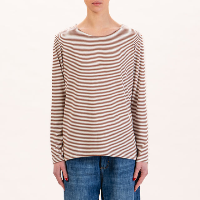 Zeroassoluto-T-shirt a righe in jersey - latte/cuoio