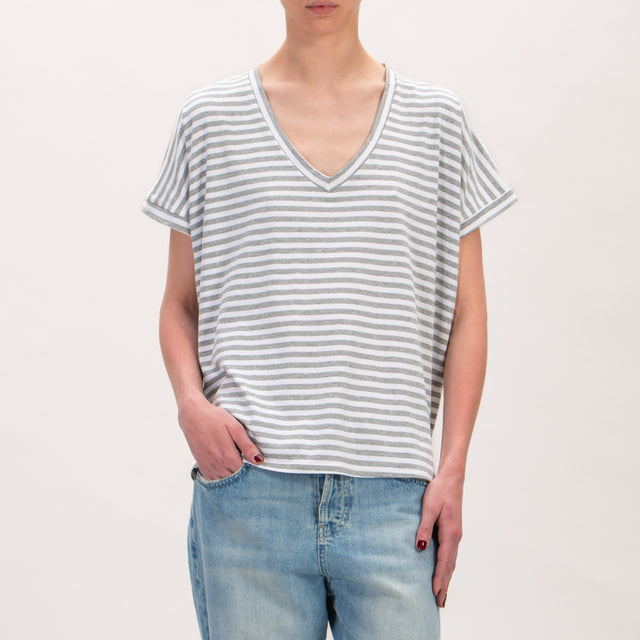 Zeroassoluto-T-shirt jersey righe scollo a v - latte/grigio melange