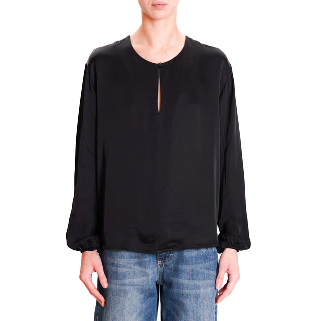 Souvenir-Satin Blouse with Teardrop Front Opening - Black