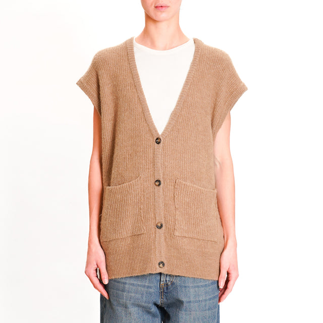 Souvenir-3 Button Knitted Vest Wool Blend - Camel