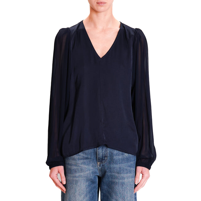 Souvenir-Double fabric V-neck blouse - blue