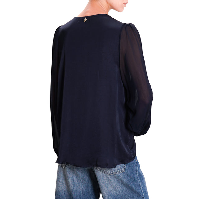 Souvenir-Double fabric V-neck blouse - blue