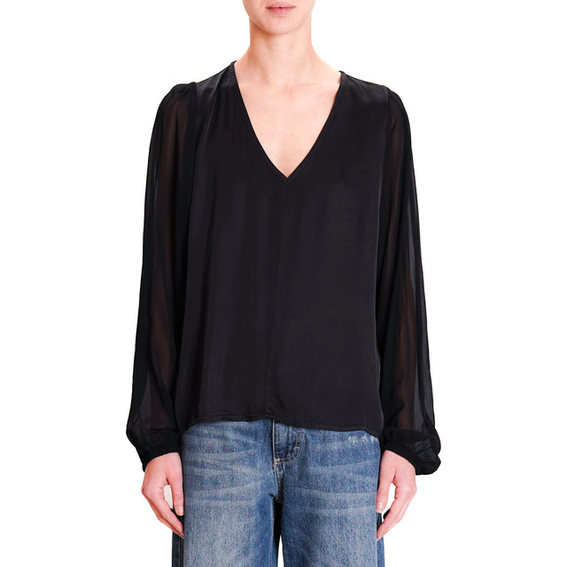 Souvenir-Double fabric V-neck blouse - black