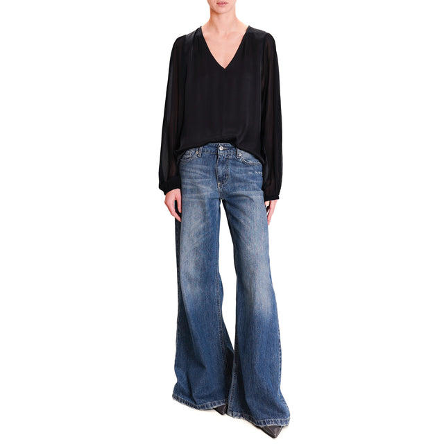 Souvenir-Double fabric V-neck blouse - black