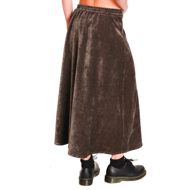 Souvenir-1000 Striped Velvet Skirt with Drawstring - Dark Brown