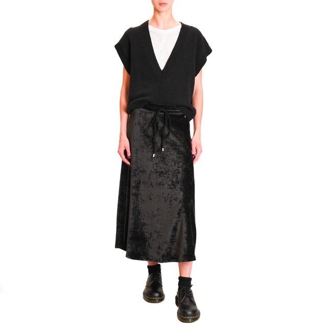 Souvenir-1000 Striped Velvet Skirt with Drawstring - Black