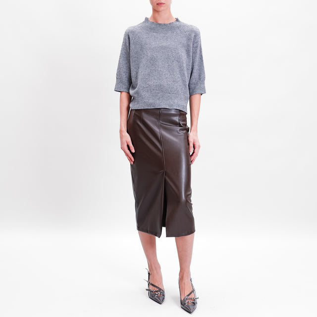 Tension in-Leatherette Skirt Front Slit - Coffee