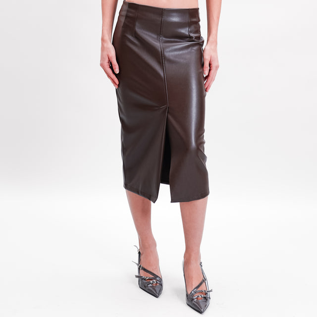 Tension in-Leatherette Skirt Front Slit - Coffee