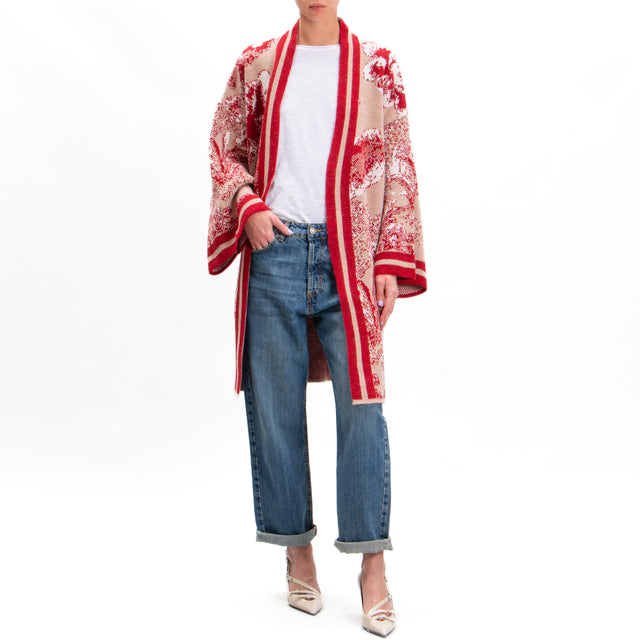 Tensione in-Kimono in maglia jaquard - beige/rosso