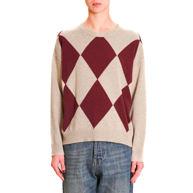 Tension in-Maglia diamond pattern cashmere blend - beige/burgundy