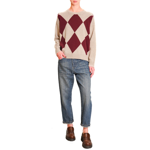 Tension in-Maglia diamond pattern cashmere blend - beige/burgundy