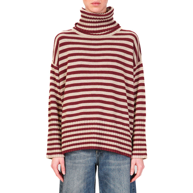 Tnsione in-Maglia misto cashmere collo alto a righ - bordeaux/beige