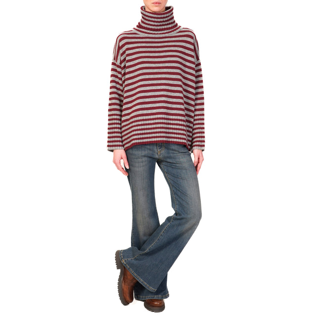 Tnsione in-Maglia misto cashmere collo alto a righ - Bordeaux/grigio