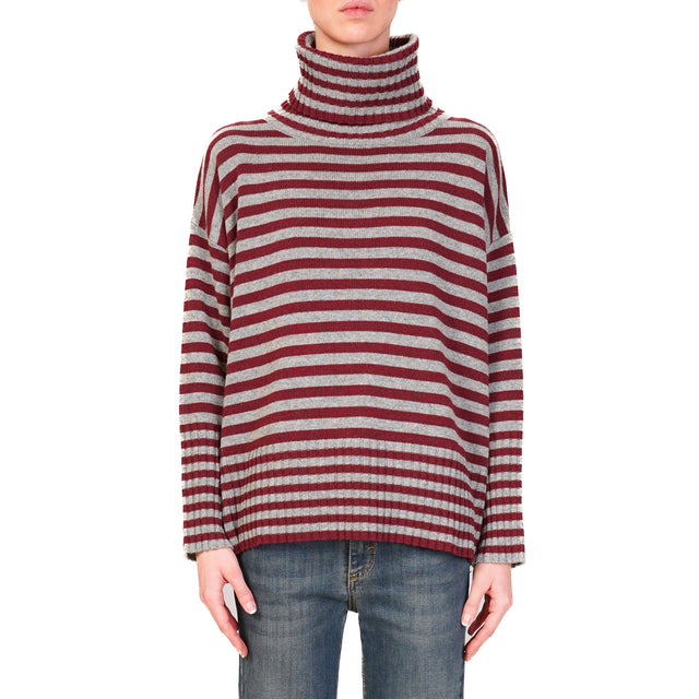 Tnsione in-Maglia misto cashmere collo alto a righ - Bordeaux/grigio