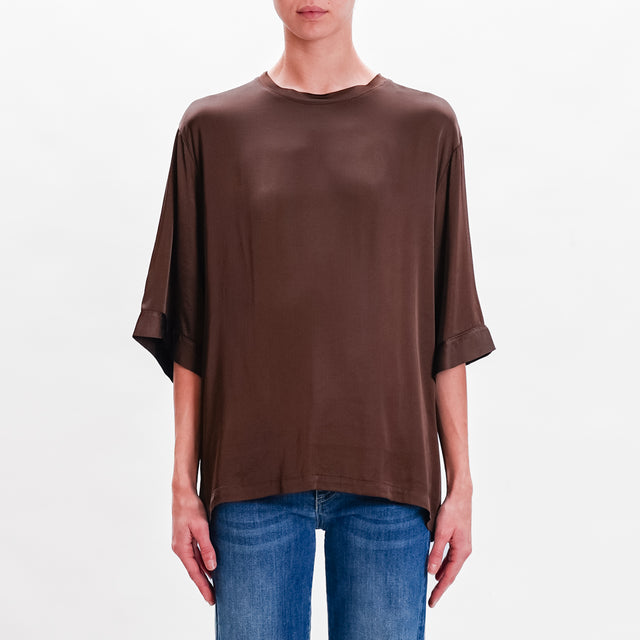 Tension in-Blouse over in stretch satin - dark brown