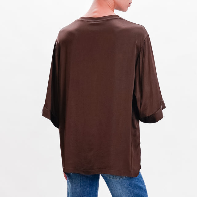 Tension in-Blouse over in stretch satin - dark brown