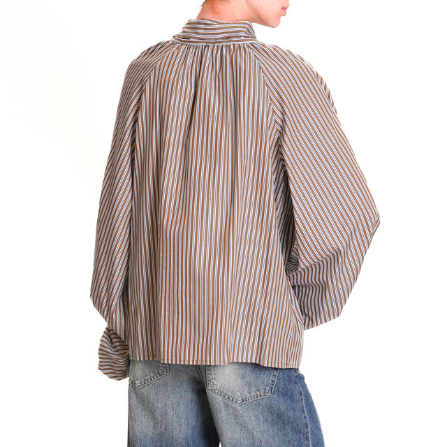 Tension in-Blouse Stripes with Bow - Coffee/Light Blue/White