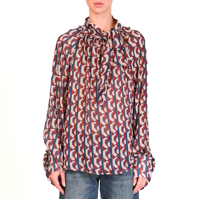 Tensione in-Camicia fantasia geometrica con fiocco - bordeaux/sand/blu