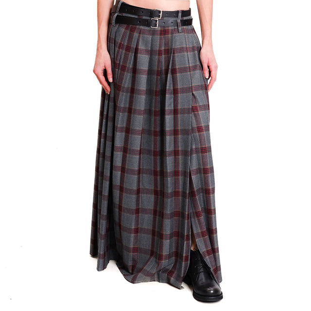 Tension in-Check pleated skirt with belt - grey/burgundy/tan