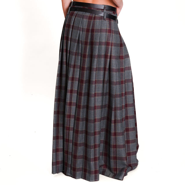 Tension in-Check pleated skirt with belt - grey/burgundy/tan