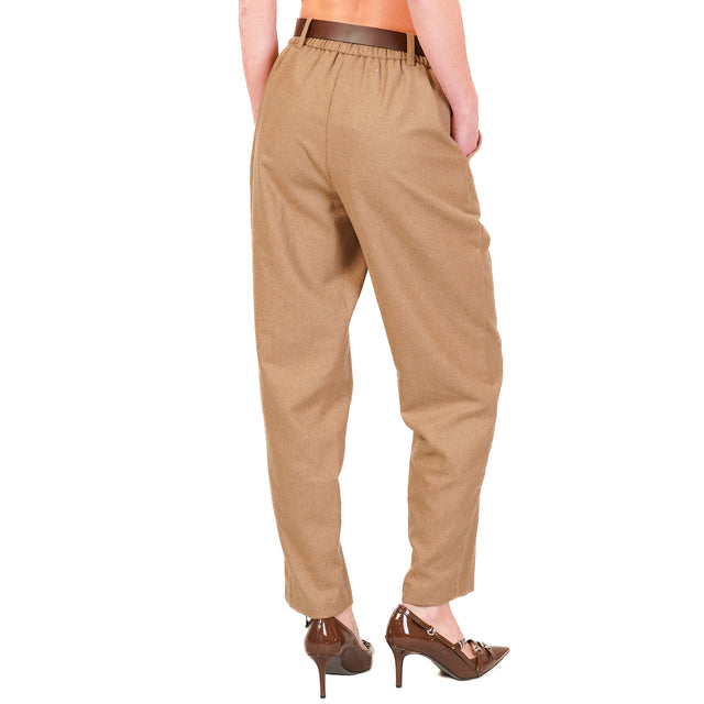 Tension in-Pantalone flannel elastic back - camel