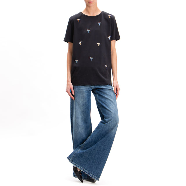 Tensione in-T-shirt girocollo dettagli strass - nero