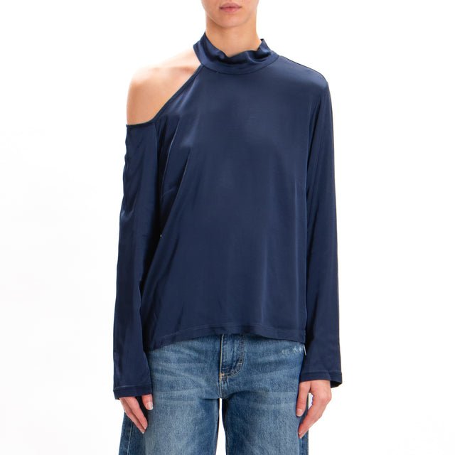 Tensione in-Blusa cut out collo montato in satin - blu