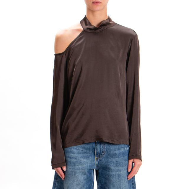 Tensione in-Blusa cut out collo montato in satin - moka