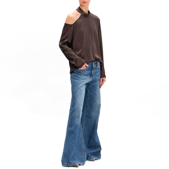 Tensione in-Blusa cut out collo montato in satin - moka