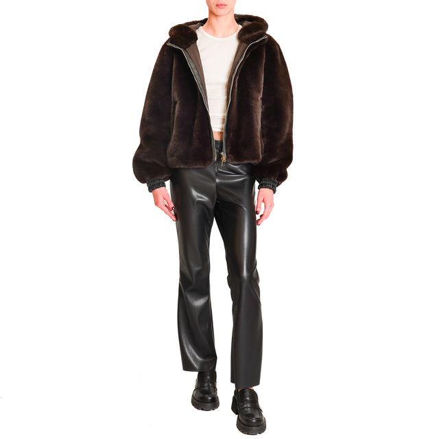 Tension in-Bomber eco fur with hood - dark brown